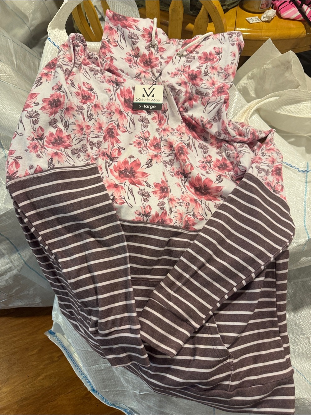 Floral & Stripe Scoop Neck Sweater - Pink/Gray